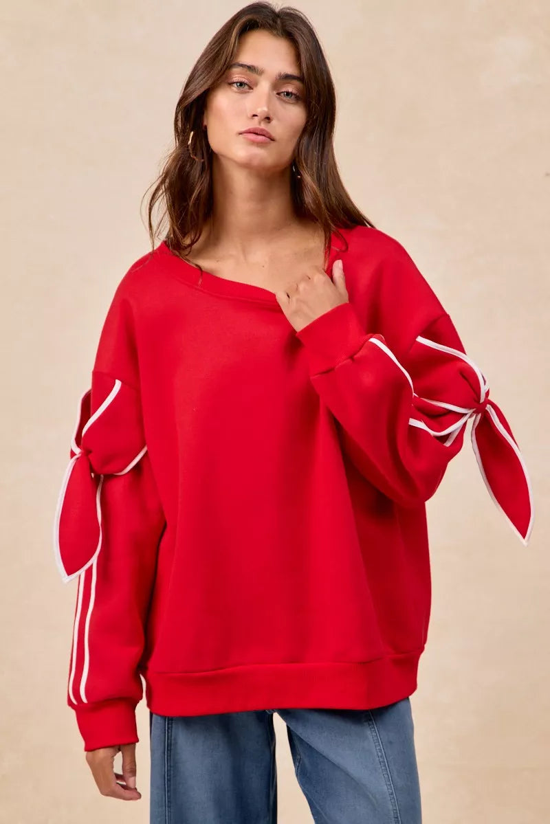 BiBi Fleece Sweatshirt Red Bow Detail Sleeves Womens Pullover b88edba7-83e6-4132-ab82-104592745e29-Max-Origin Trendsi