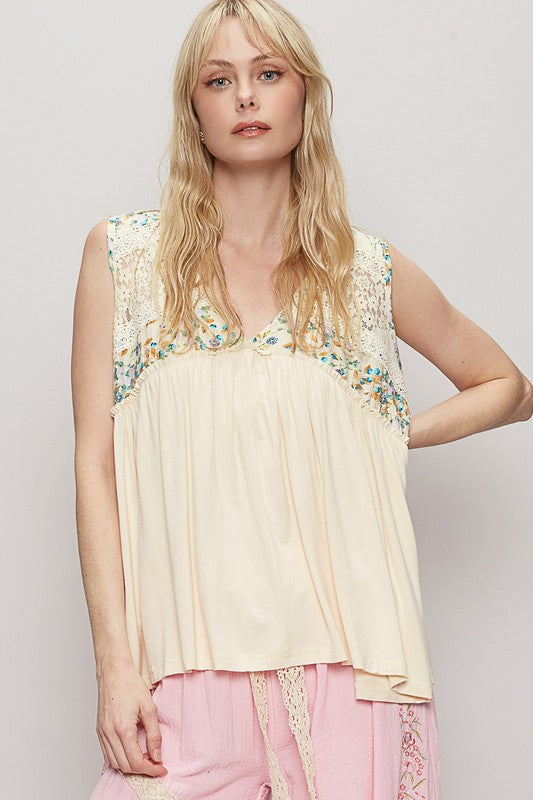 POL Tank Top Cream V Neck Sleeveless Lace Floral Ruffle Blouse b890718f-a397-4413-861a-f461e71b2218-Max Trendsi