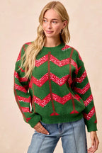 BiBi Sweater Christmas Theme Chevron Sequins Womens Green Red Pullover b8930d6ad86742ddb53f02fc05b2bd92-Max-Origin Trendsi