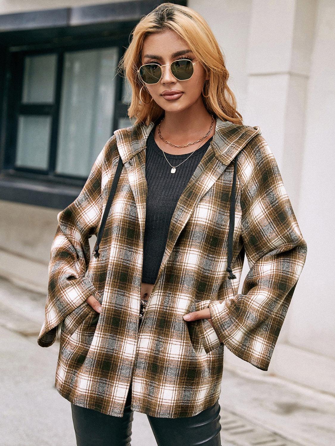 Pocketed Jacket Plaid Long Sleeve Hooded Coat Camel b894de28-0590-4969-a0a8-6549499166d1-Max Trendsi