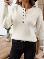 Women's Sweater Beige Button Detail Long Sleeve Knit Pullover b896e77ab9524c2db5690e6edd6bf4a7-Max-Origin Trendsi