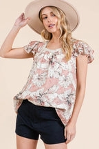 Lime 'N' Chili Blouse Pink Floral Print Lace Trim Puff Short Sleeve b899fc30ce51411eb5fc95bdb929d274-Max-Origin Trendsi