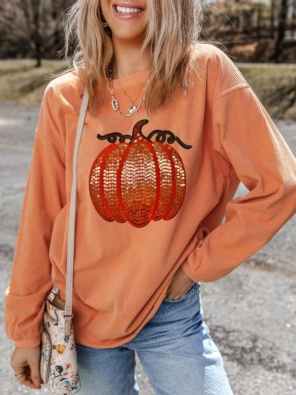 Women's Sweatshirt Halloween Sequined Pumpkin Ribbed Round Neck Top b8a76dc4-9da4-4696-ae15-7d9bf66e7d66-Max-Origin Trendsi