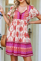Boho Mini Dress Hot Pink Floral Short Sleeve Tie Neck b8ab4796-e652-44c6-a347-89dc12ac485d-Max-Origin Trendsi
