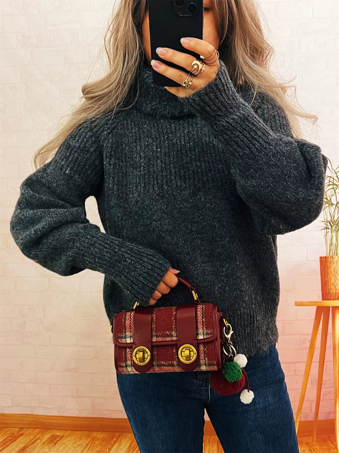 Women's Sweater Ribbed Knit Turtleneck Long Sleeve Pullover Dark Gray One Size b8ab616b6ec64568a21d95efbbb560d7-Max-Origin Trendsi