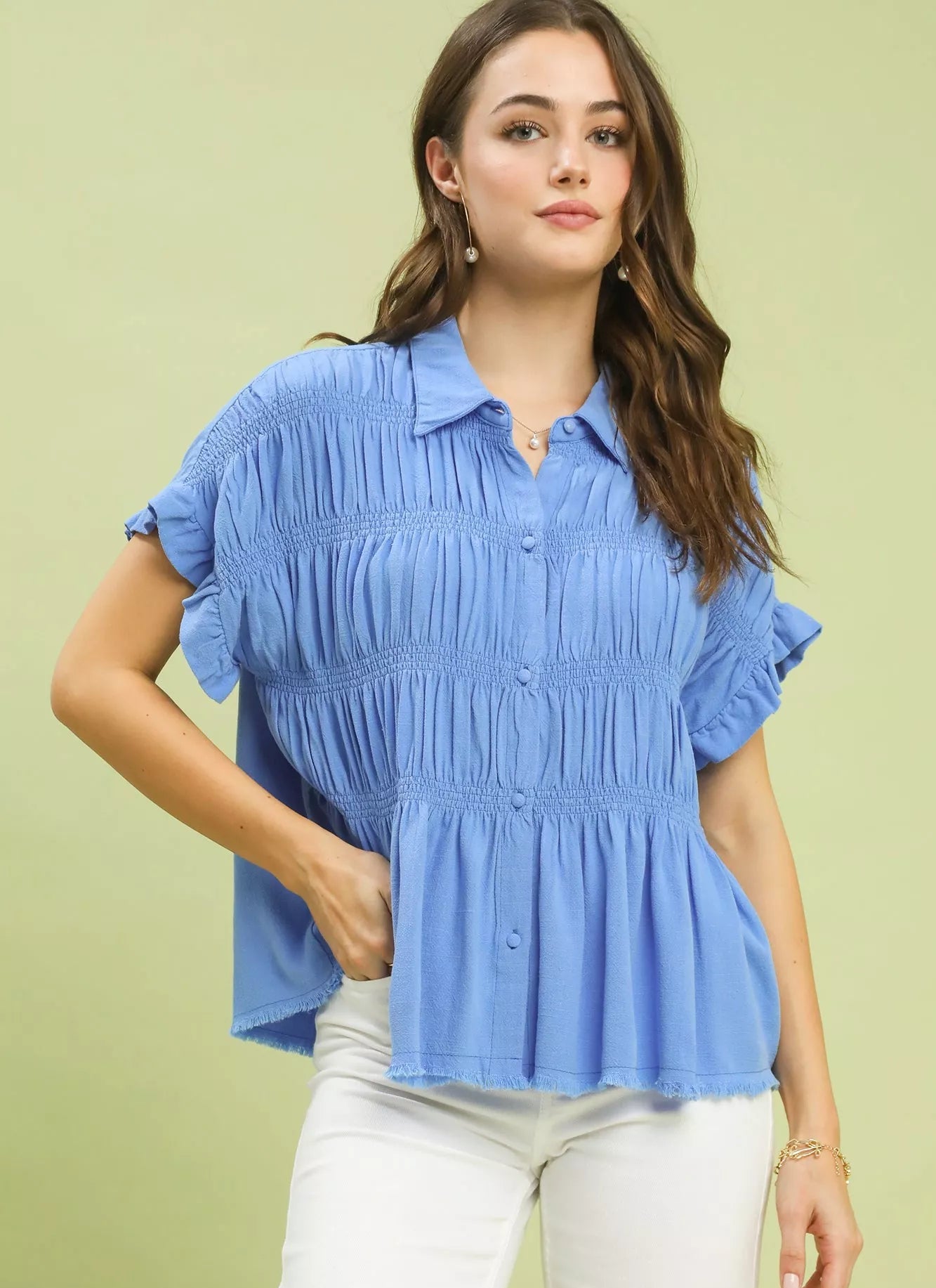 Umgee Washed Linen Blend Smocked Shirt