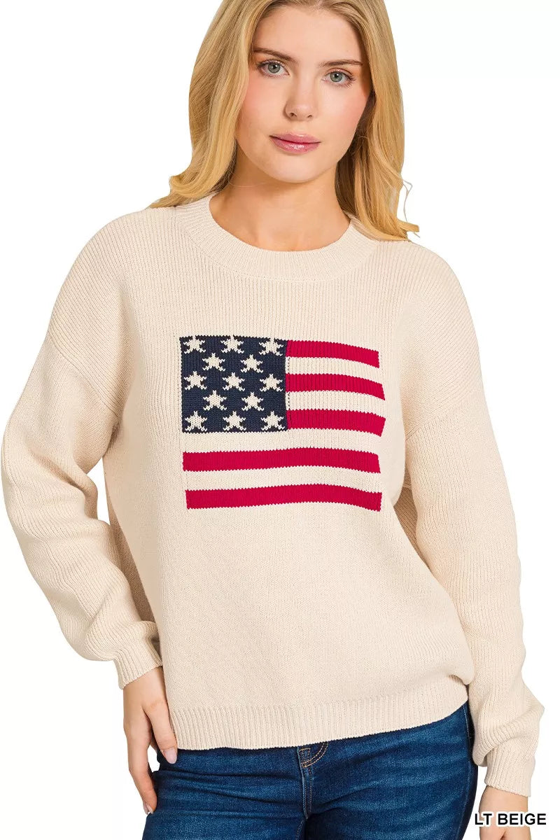 Zenana Womens Cotton Sweater Beige American Flag Crew Neck Pullover b8b556470f584ddb974b2e4cb9e3d5f3-Max-Origin Trendsi
