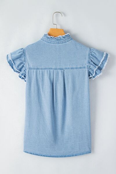 Ruffled Denim Shirt Women's Light Blue Raw Hem Short Sleeve Cotton Top b8b6eef4-7b04-4aad-b9b5-823073d3d828-Min Trendsi