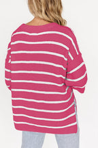 Stripe Knit Top Women's Collared Button Drop Shoulder Side Slit Long Sleeve b8bd9cdb-a8db-47d4-9a1e-b7f1804bbf63-Max Trendsi