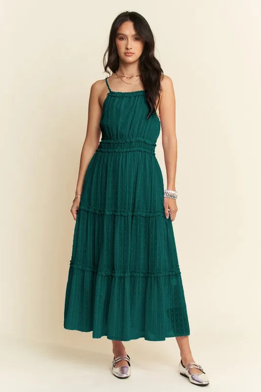Davi & Dani Swiss Dot Ruffle Square Neck Midi Dress