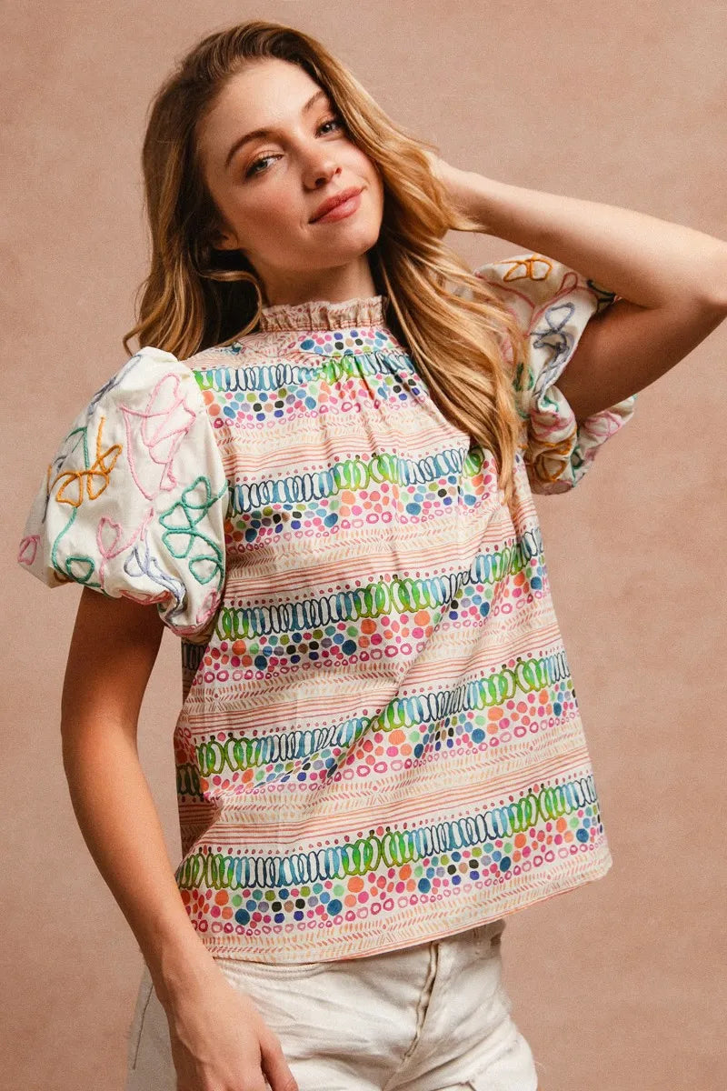 BiBi Blouse Multicolor Ruffle Neckline With Embroidery Bubble Short Sleeve Top b8c5272bce554195b6a70a9146f097ca-Max-Origin Trendsi