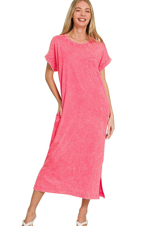 Zenana Washed Exposed Seam Short Sleeve T-Shirt Dress