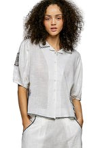 POL Button-Down Short Sleeve Shirt with Embroidered Floral Design