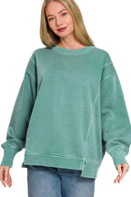 Zenana Teal Pigment Dye Exposed-Seam Fleece Sweatshirt