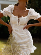 Crochet Mini Dress Cotton White Eyelet Ruffled Hem Lace Up Tied Neck White b8d758b6fea841c489b6098ca87adcc7-Max-Origin Trendsi