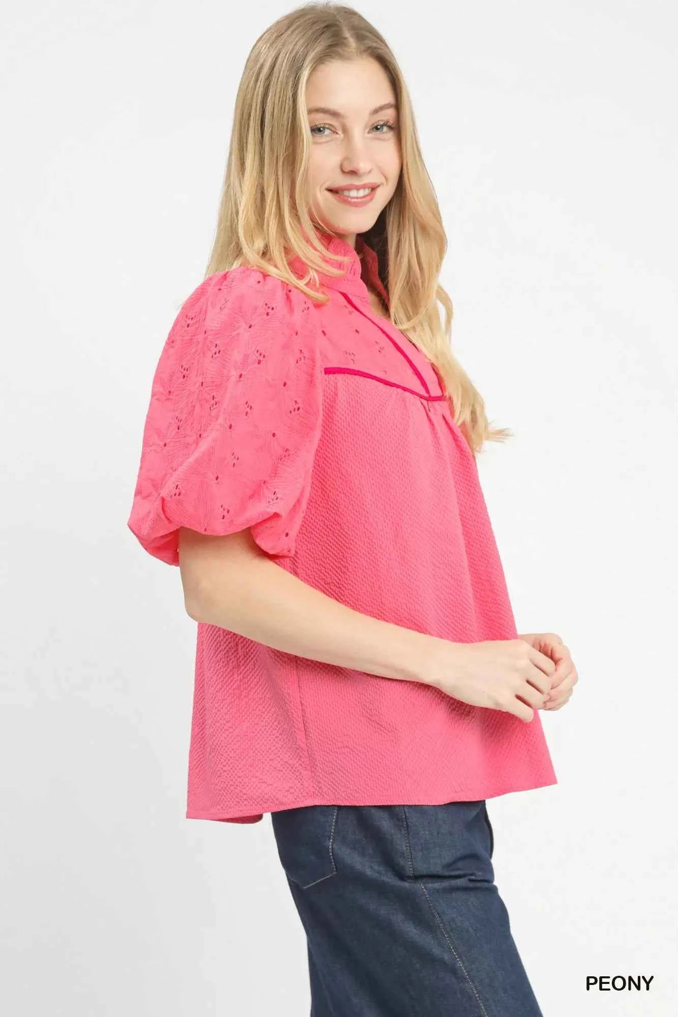 Umgee Blouse Eyelet Mix Puff Short Sleeve Top with Contrast Piping Peony Pink b8d9e5c0-417b-4f90-9325-0c8bda3aff52-Max-Origin Trendsi