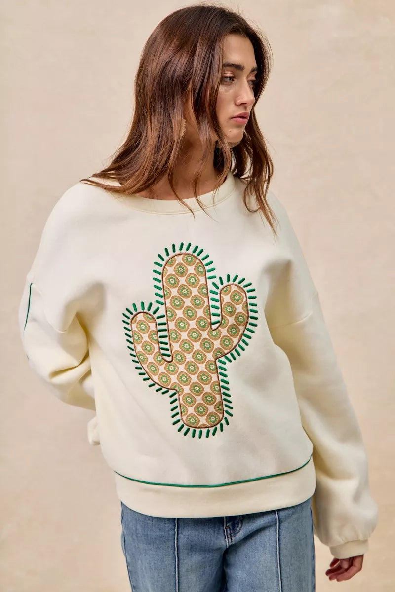 BiBi Womens Sweatshirt Cactus Embroidered Cream Fleece Pullover b8e8fd529e6e4fcbad5074527a16b296-Max-Origin Trendsi