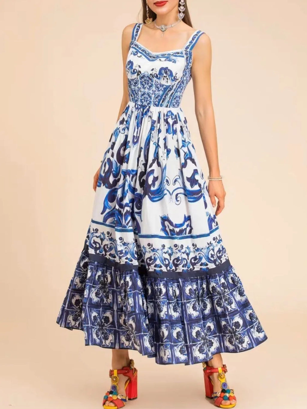 Midi Dress Smocked Printed Wide Strap Ruffled Zipper Dark Blue b8f0884b-916d-4aeb-9752-28b6632a9cec-Max-Origin Trendsi