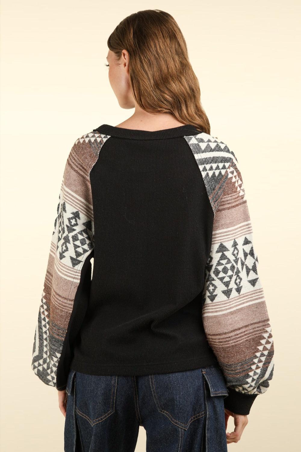 VERY J US Geometric Long Sleeve Round Neck Knit Top