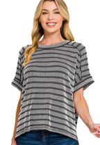 Zenana T-shirt Black Stripe Raised Rib Exposed Seam Top Short Sleeve BLACK b904224182f9440e99a08fc7c4b09000-Max-Origin Trendsi