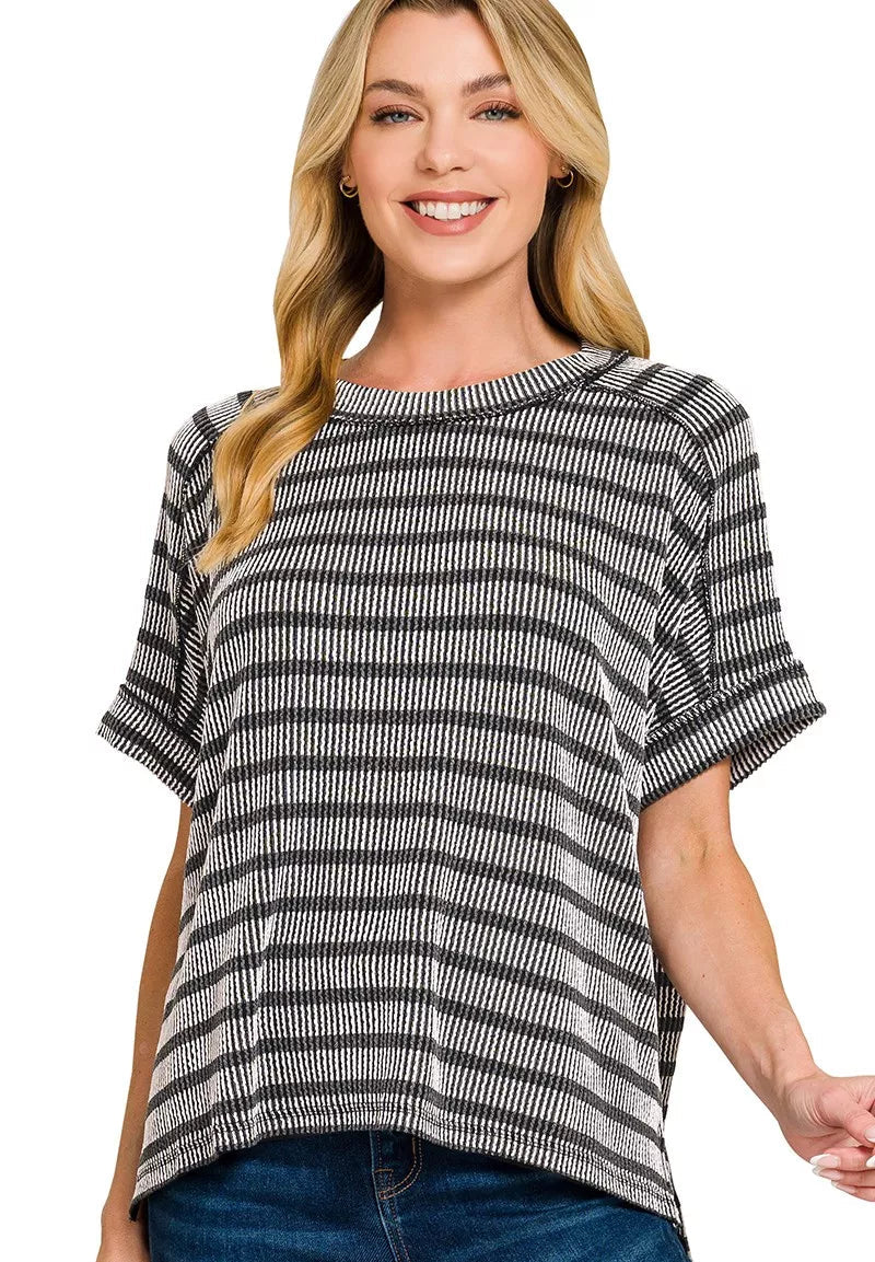 Zenana T-shirt Black Stripe Raised Rib Exposed Seam Top Short Sleeve BLACK b904224182f9440e99a08fc7c4b09000-Max-Origin Trendsi
