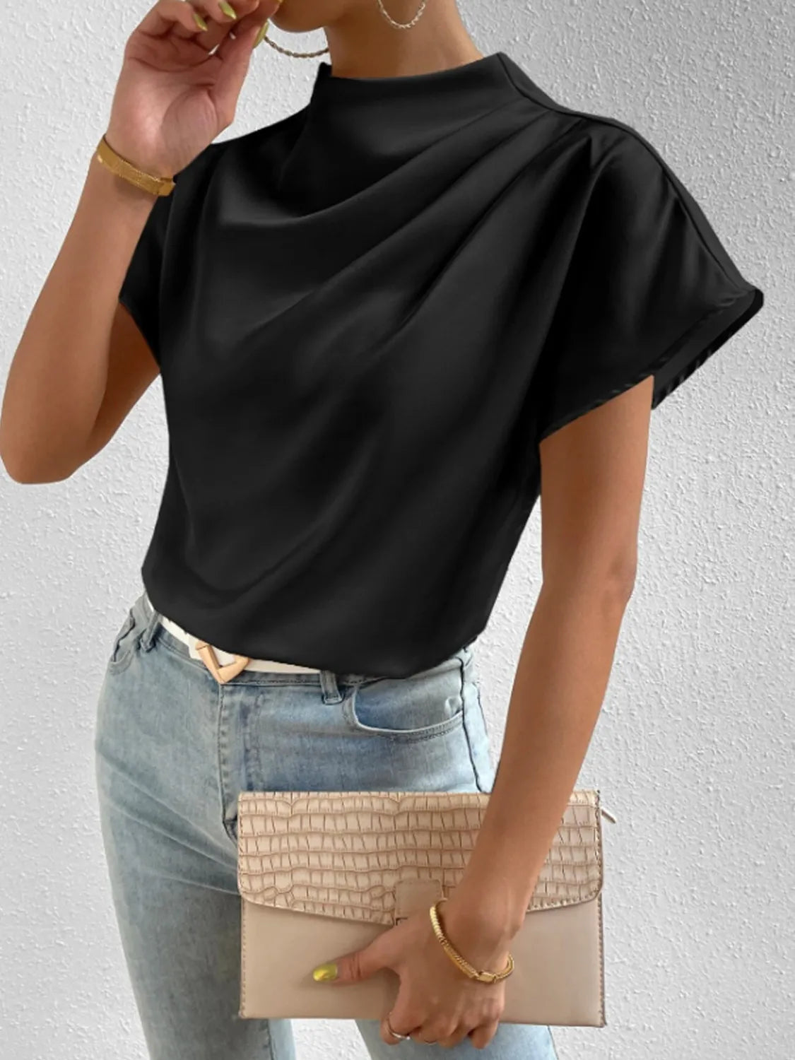 Satin Blouse Mock Neck Pleated Short Sleeve Basic Style Top Black b905cda2-8258-4a9a-9c4b-ce42a048f73a-Max-Origin Trendsi