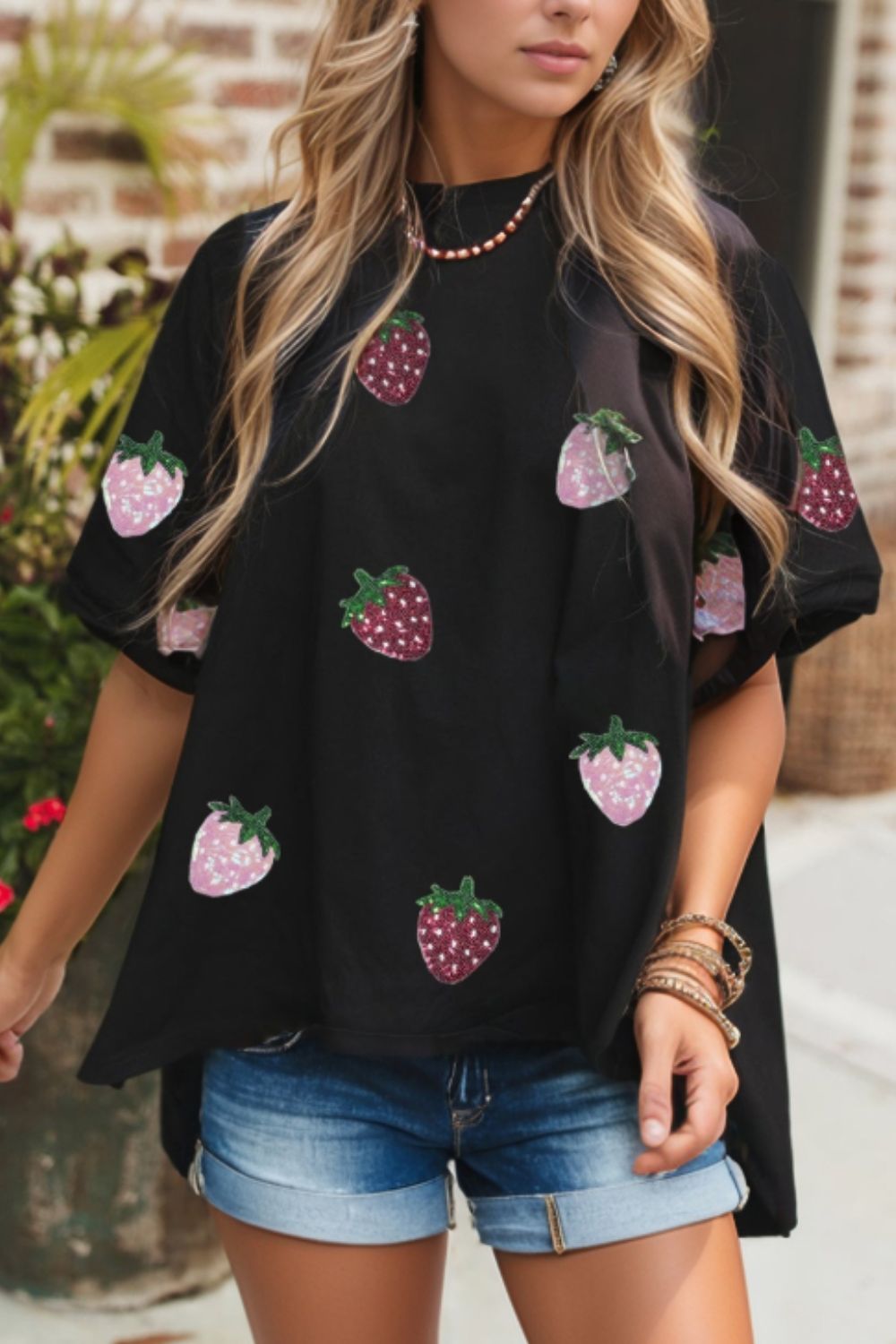 Black T-Shirt Sequin Strawberry High Low Half Sleeve Relaxed Fit Top Black b915eeb2-b665-442e-a013-6aedfbf03251-Max Trendsi