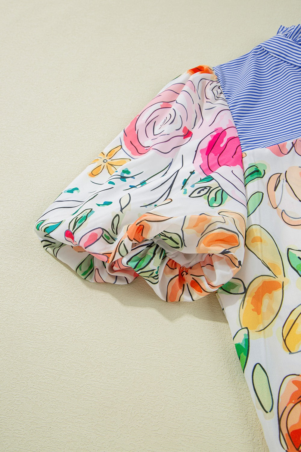 Floral Blouse Striped Yoke Frilled Tie Neck Short Puff Sleeve Top b918b12b-2a9c-46c6-bc7e-76f043a857a8-Max Trendsi