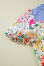 Floral Blouse Striped Yoke Frilled Tie Neck Short Puff Sleeve Top b918b12b-2a9c-46c6-bc7e-76f043a857a8-Max Trendsi