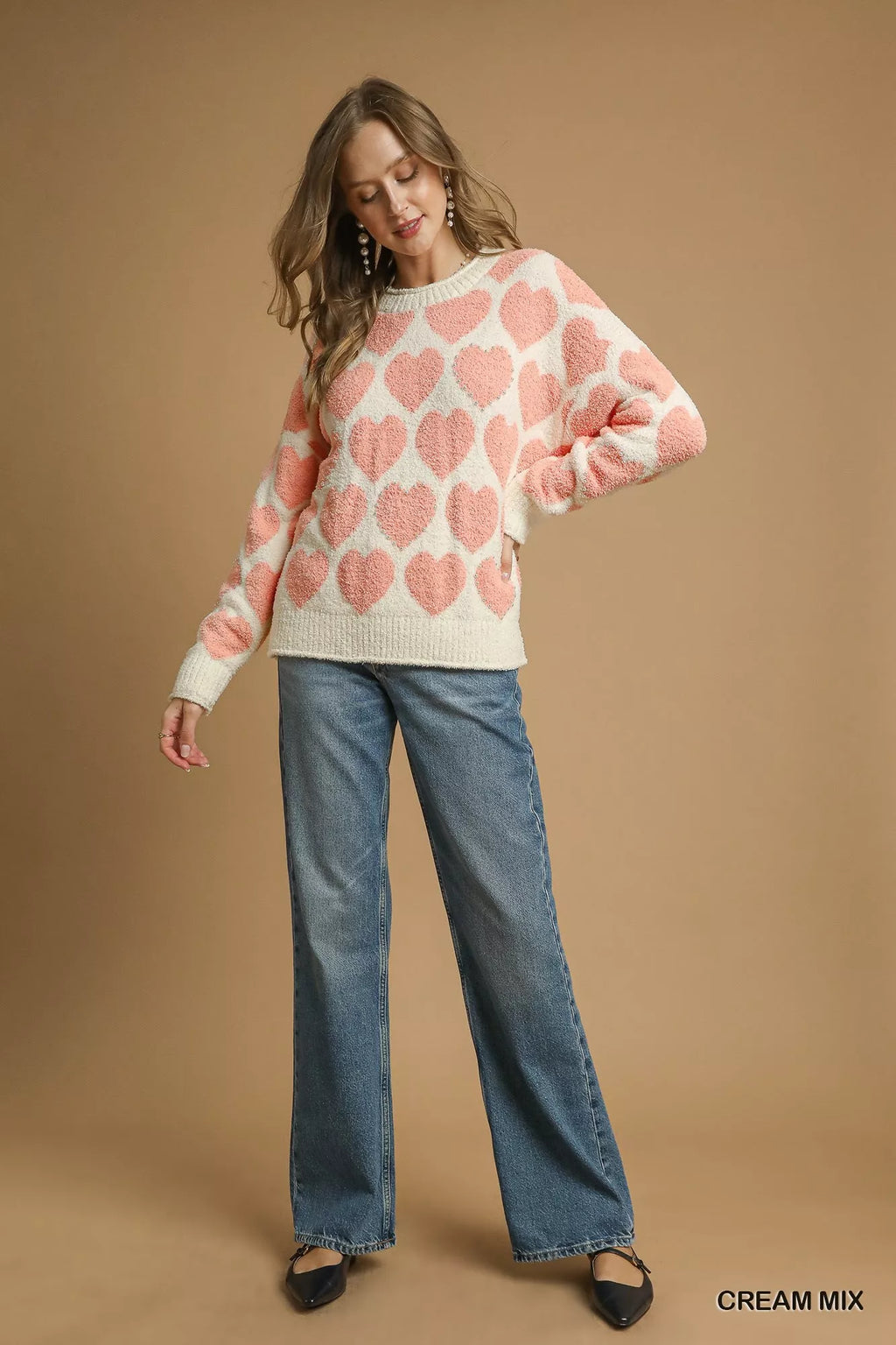 Umgee Womens Sweater Heart Cream Pink Mix Pearl Pattern Accent b9222831-bc2d-4b53-9715-4c7377a0b91c-Max-Origin Trendsi