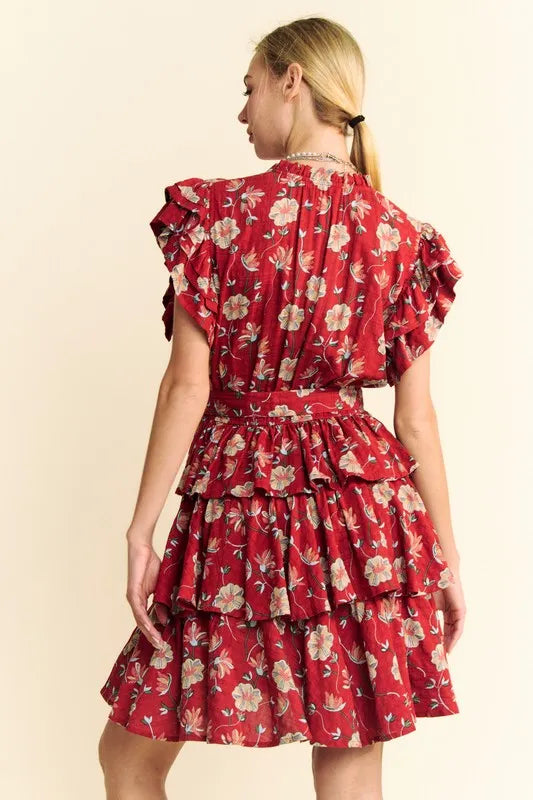 Davi & Dani Ruffle Mini Dress Rust Floral Flutter Short Sleeve Tie Belt Tiered b92b3e8703224a30ad008c9084b8c944-Max-Origin Trendsi