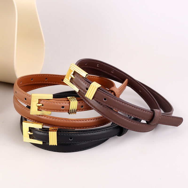 Skinny Cowhide Leather Belt with Gold Buckle, One Size, Imported