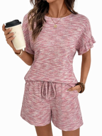 Ruffle Sleeve Textured Top and Shorts Two-Piece Set