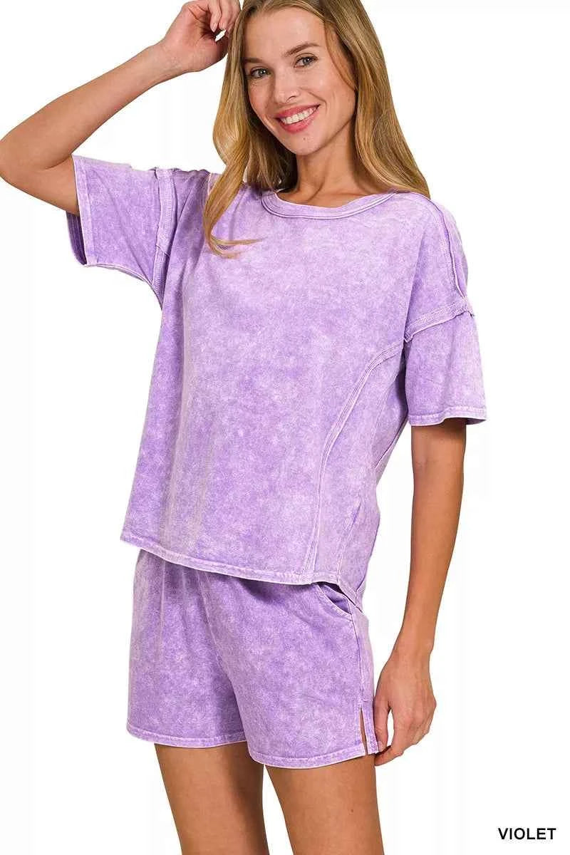Zenana Tracksuit Set Violet Halo Snow Washed Short Sleeve Top Tee and Shorts b937b79146294b2a83e11a6260440295-Max-Origin Trendsi