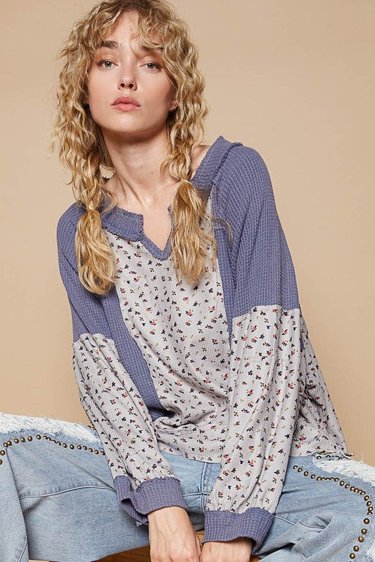 POL Waffle Knit Women Top Dusty Blue Floral Cotton Blend Long Sleeve Oversized