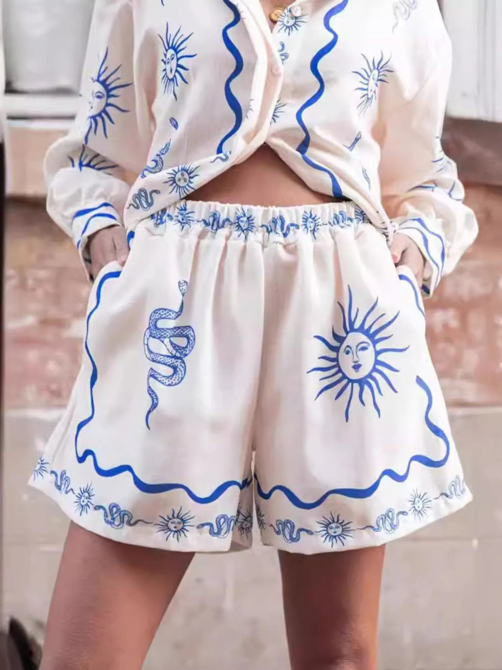 Women's Outfit Set Button Up Shirt Long Sleeve and Shorts White Blue 2 Pcs b93b399f-4786-4486-9fb8-f5c08c836102-Max-Origin Trendsi