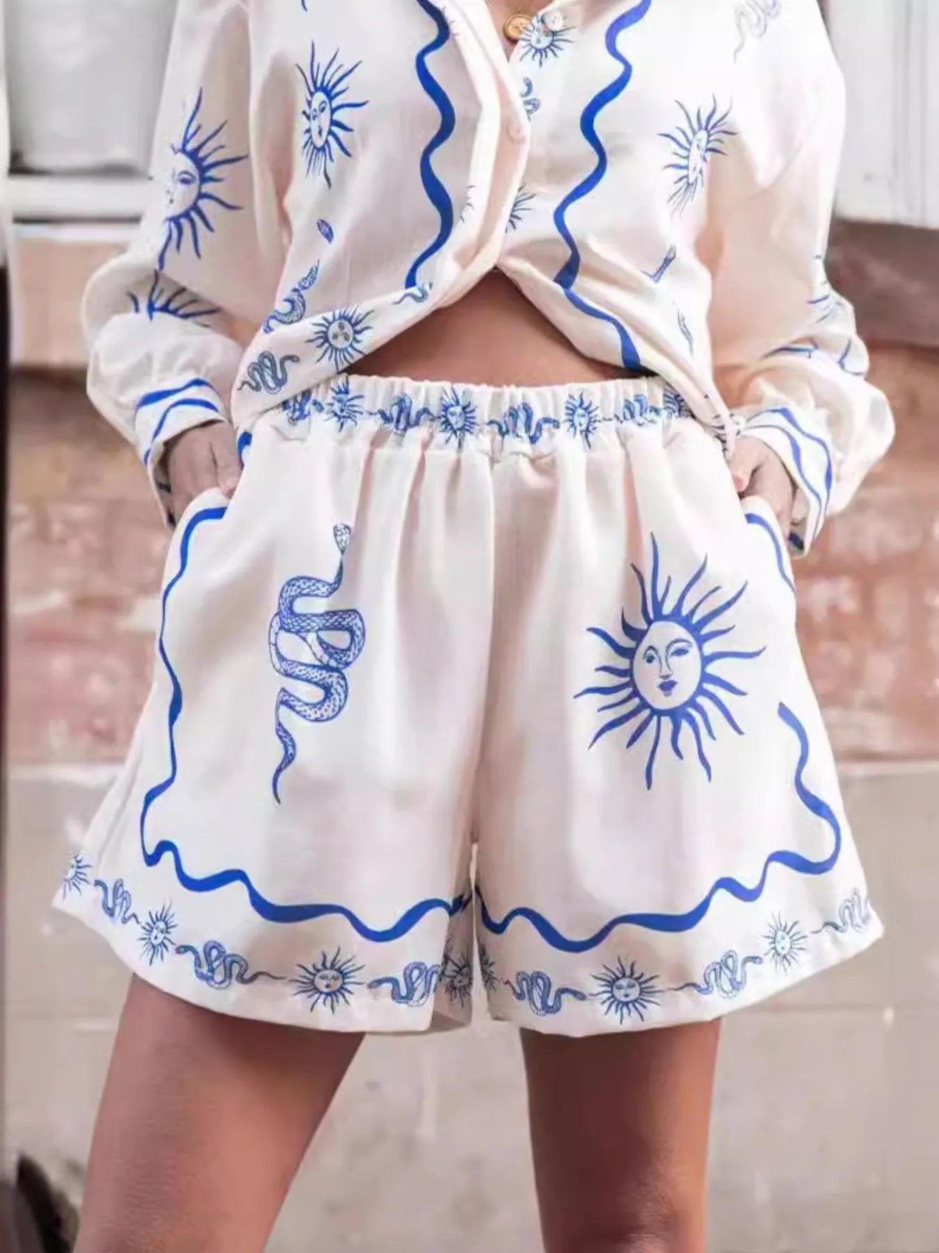 Women's Outfit Set Button Up Shirt Long Sleeve and Shorts White Blue 2 Pcs b93b399f-4786-4486-9fb8-f5c08c836102-Max-Origin Trendsi