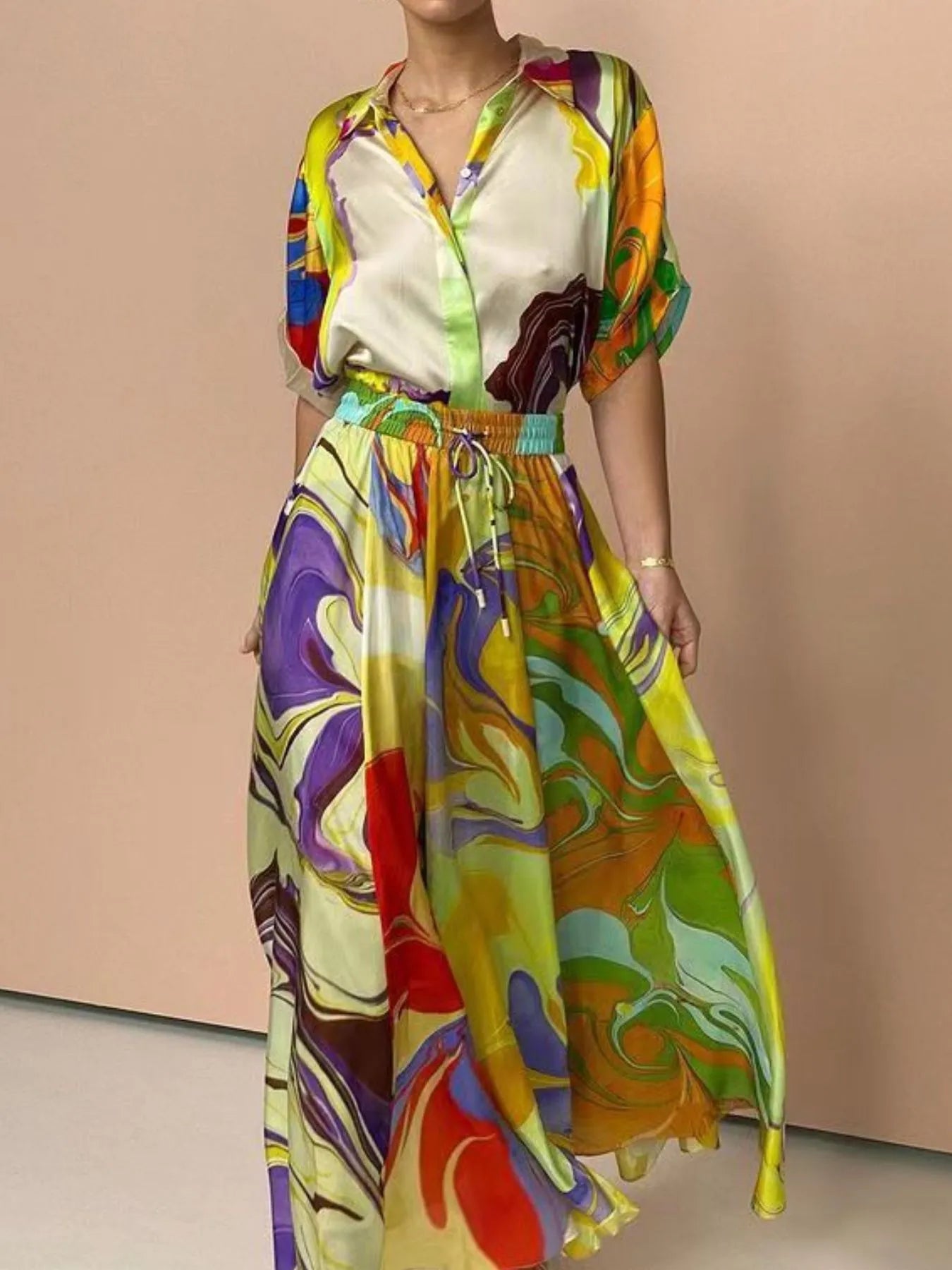 Women's Outfit Set Button Up Shirt and Maxi Skirt Set Multicolor Printed 2Pcs Multicolor b9447c5d-f3e6-43b4-8afc-73899ab87143-Max-Origin Trendsi