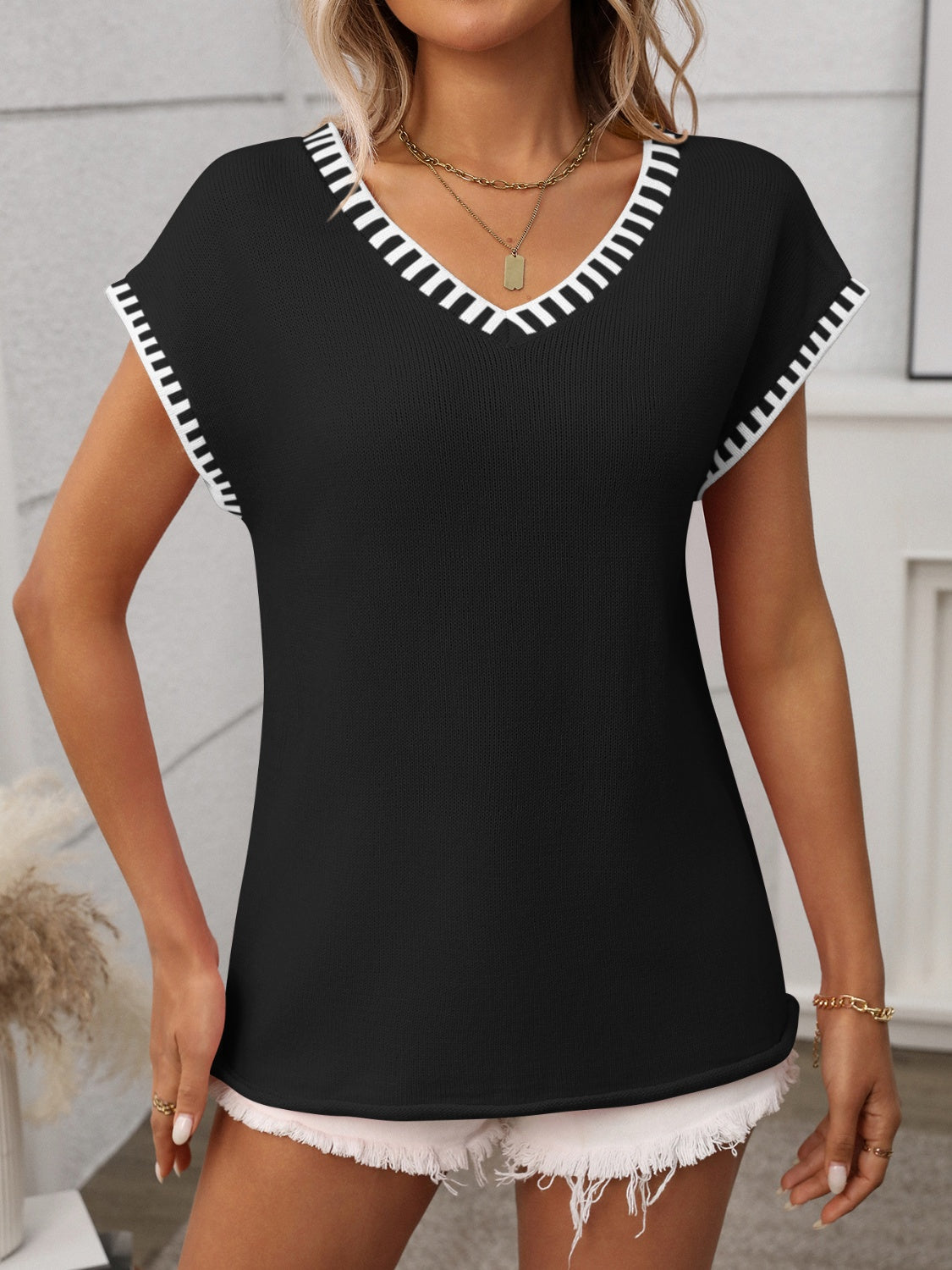 Women's Pullover Short Cap Sleeve Knit Top Contrast Stitch Trim V-Neck b94aae15-81b3-4172-97d1-c8588f28c18e-Max Trendsi