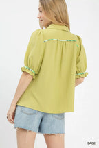 Umgee Blouse Sage Scalloped Trim Top with Puff Short Sleeves b94f3d8b-3061-47f7-a892-d68348e4cc9f-Max-Origin Trendsi