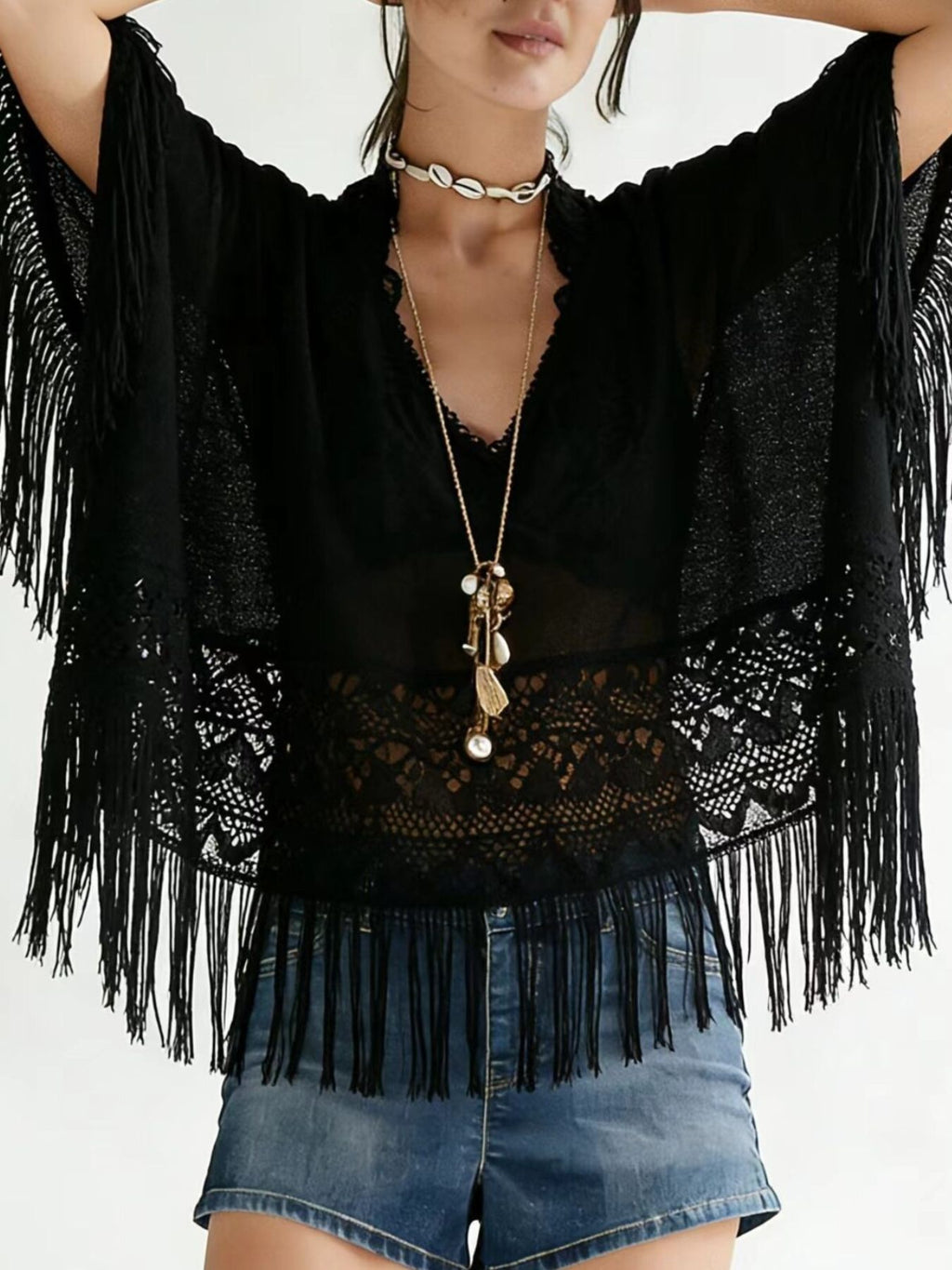 Lace Fringe Sheer Cover-Up Top