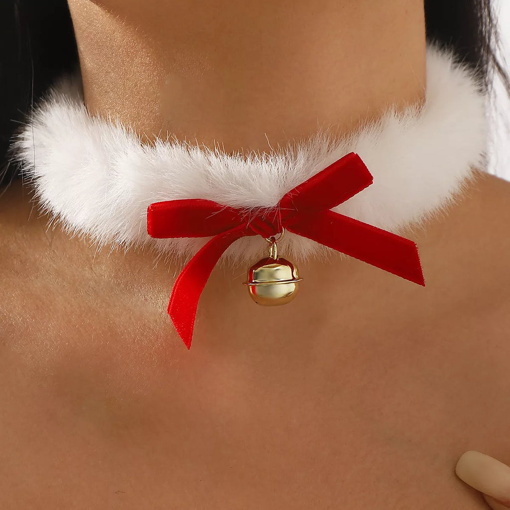 Christmas Choker Faux Fur Necklace with Red Bow Bell b951ec79-cdae-4a2b-82de-5d3125831033-Max-Origin Trendsi