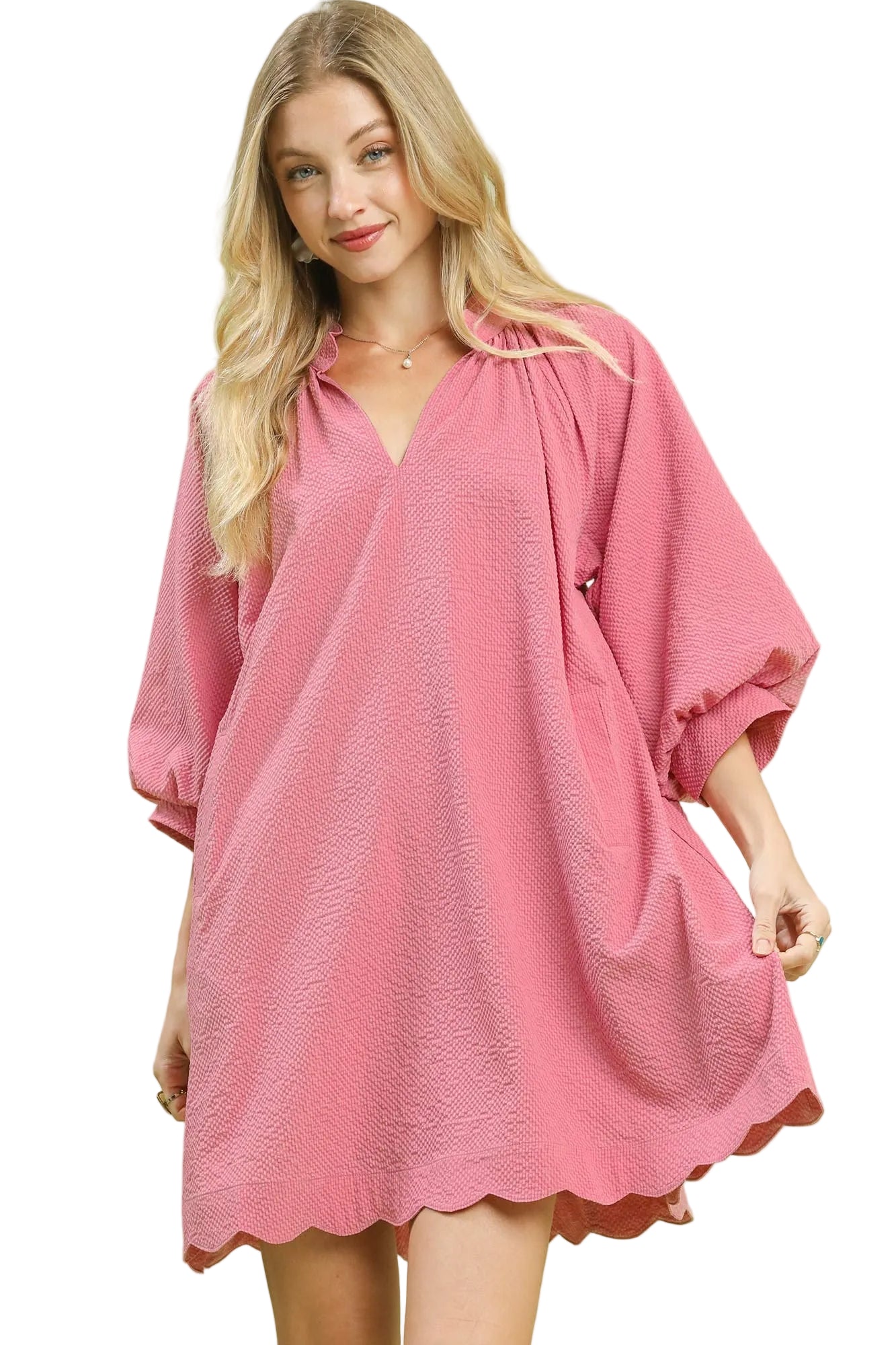 Umgee Textured Mini Dress with Pockets and Balloon Sleeves in Rose
