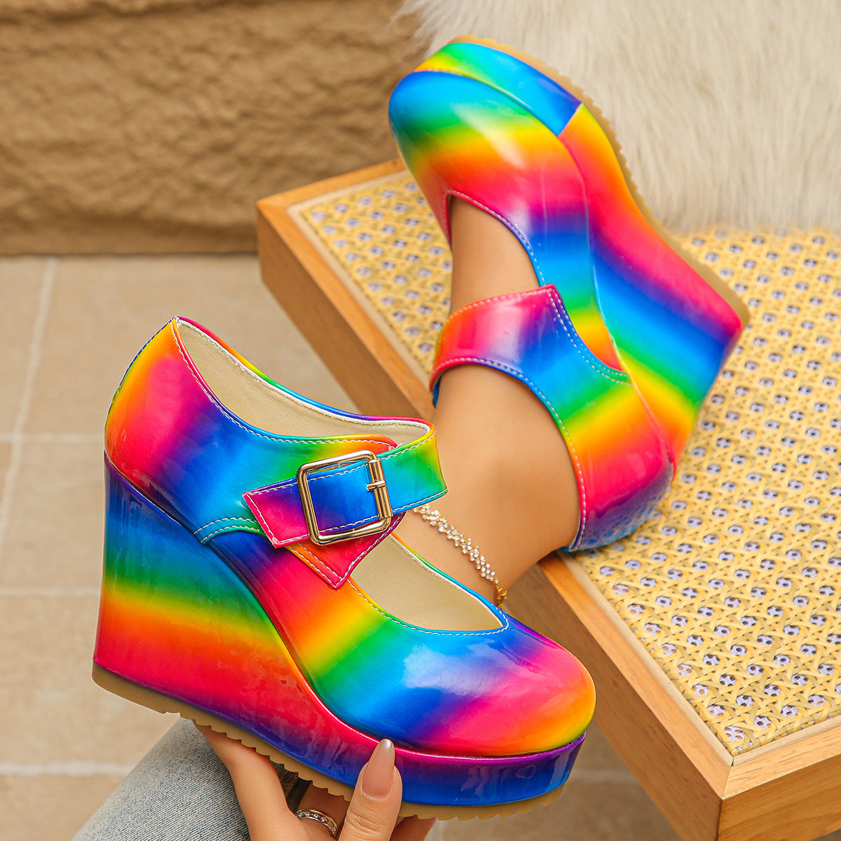 Colorful Round Toe Wedge Mary Jane Loafers