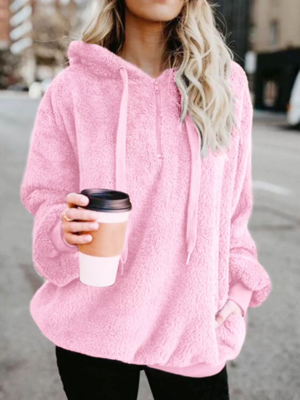 Womens Fleece Hoodie Half Zip Drawstring Hood Soft Top S-4XL Pink b95b1eb6-08d4-48a2-8846-16802963e45b-Max-Origin Trendsi