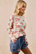 BiBi Womens Knit Top Floral Print Washed Waffle Thermal Blouse b95d1767ee614c5089e1e63bd4e6efd1-Max-Origin Trendsi