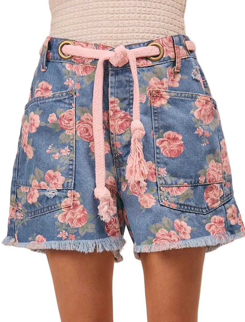 BiBi Braided Waist Belt Patch Pockets Floral Print Denim Shorts
