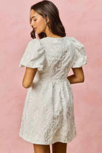 SO ME Jacquard Mini Dress White Floral Bubble Shorts Sleeves b98138af3d384095bc18f6636714e4c1-Max-Origin Trendsi