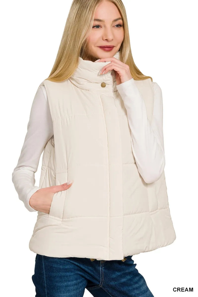 Zenana Vest Coat Cream High Neck Zip-Up Stylish Outerwear b9836639fafb48838a126b103caf15c5-Max-Origin Trendsi