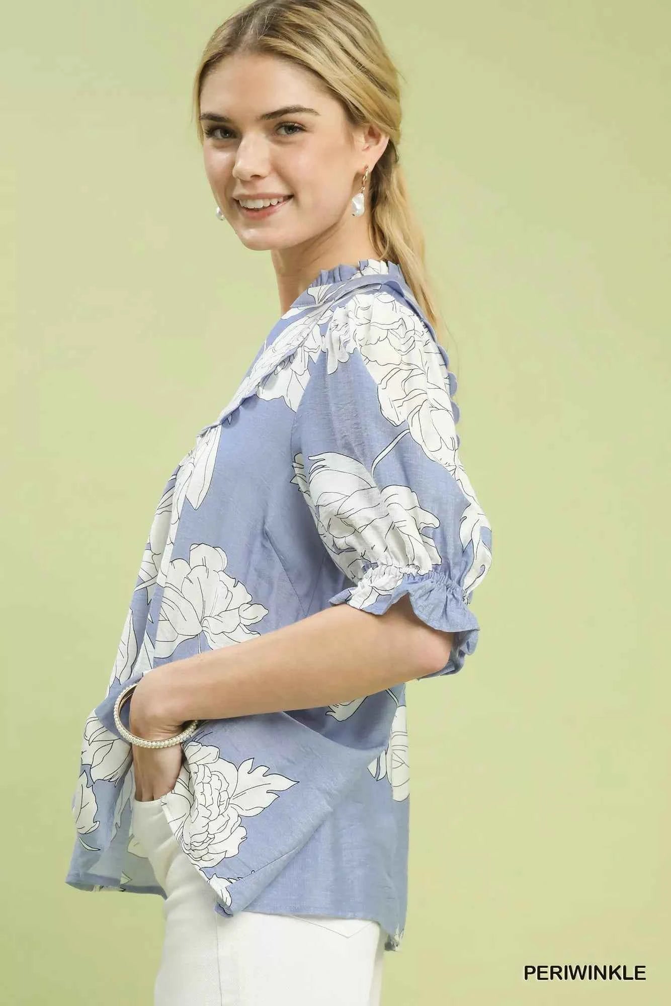 Umgee Peony Illustration Print Top with Scalloped Trim
